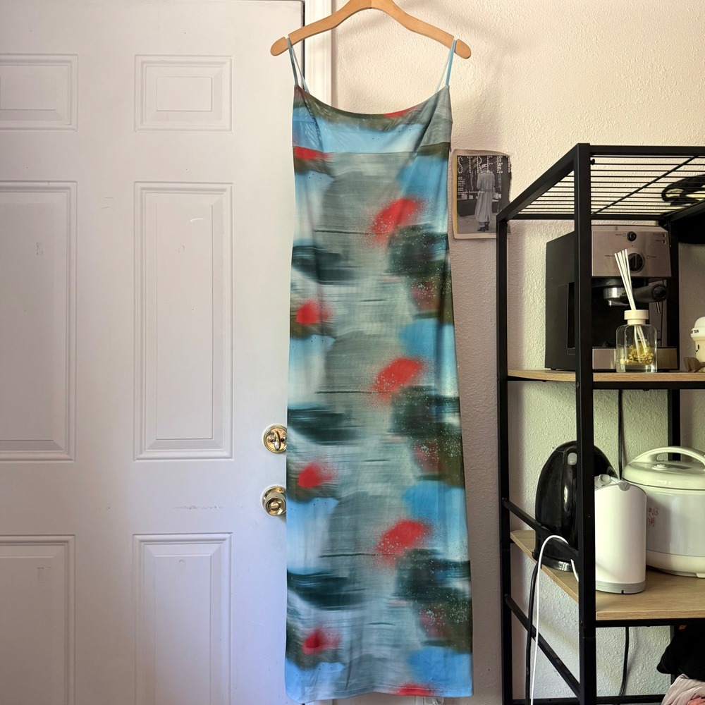 MIAOU blue multicolor printed mesh cowl square bodycon slip maxi dress